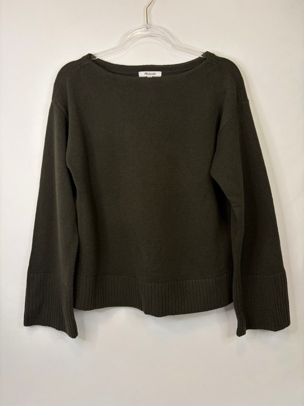 Madewell Wide-Cuff Boatneck Sweater in Merino Wool Midnight Olive Size Small NEW